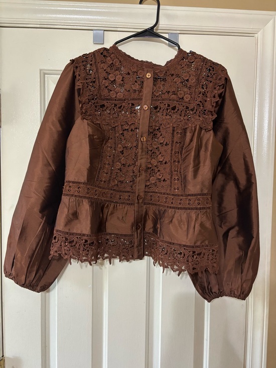 Anthropologie Tops - Anthropologie Brown Crochet Lace Peasant Blouse